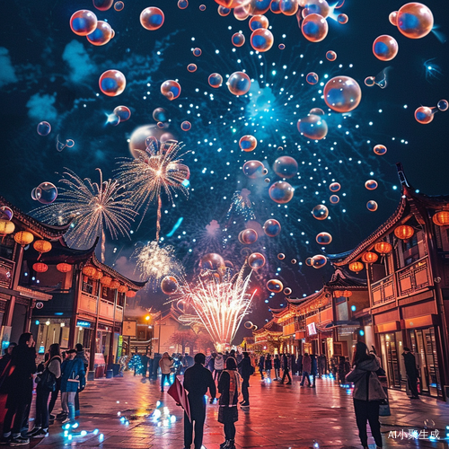 彩泡璀璨夜 烟火与传统风情共舞 春节奇遇