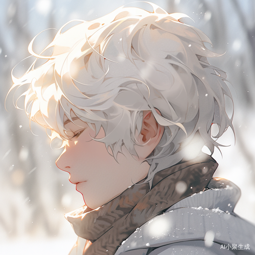 冬日白发男生欣赏雪景