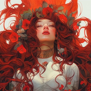 dynamic manga oil painting poster by Joseph Christian Leyendecker & James Jean & Anders Zorn & Jeremy Mann & Alphonse Mucha & Shepard Fairey, fairy girl in a dynamic pose, long red wavy hair , happycore, flowerpunk, tattoo core, intricate details, dynamic portraiture, dramatic lighting, backlit, raking light, vibrant