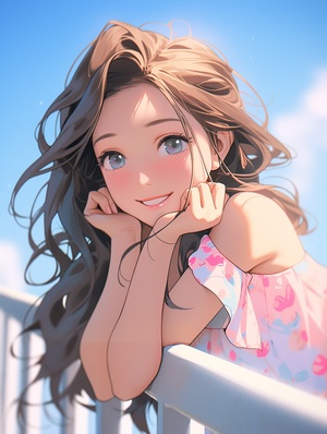 Summer, super cute girl, happy smile. brown hair, big eyes, sky blue balcony in the background, sunny day, natural light, IP, Pok é mon, full body portrait. super Detailed, Ultra-HD ar 3:4