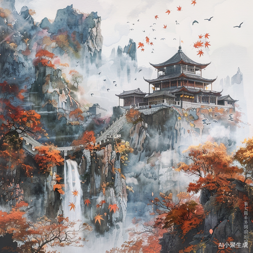 古风建筑秋景：水墨寺庙飞瀑，华丽幻境与真实奇幻