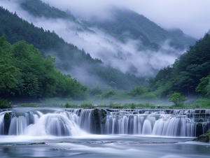 云雾像纱绸般在山涧和溪水间缭绕，宁静祥和的自然山水风光