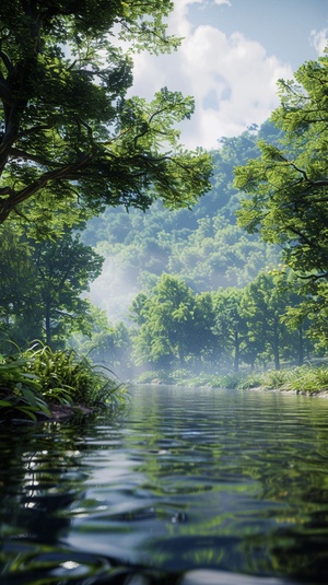 翠绿的河流旁边时，河水的平静与周围的自然景色形成鲜明对比。河对岸的山坡上，一片茂密的树林伸展开来，树梢在微风中轻轻摇曳。头顶上的天空是蔚蓝的，清澈明亮，仿佛能穿透到心底。