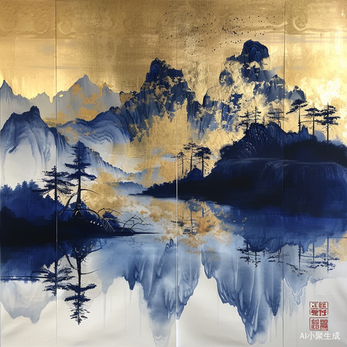 大美国风丨AI绘制克莱因蓝鎏金山水画克莱因蓝的魅力，EQMJ带你遨游国风山水