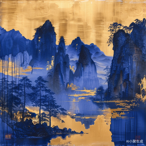 大美国风丨AI绘制克莱因蓝鎏金山水画克莱因蓝的魅力，EQMJ带你遨游国风山水
