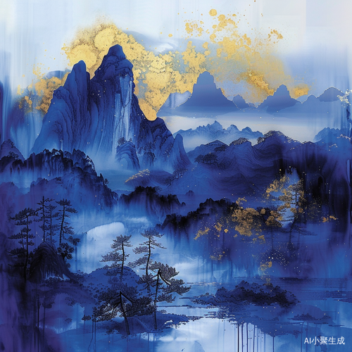 大美国风丨AI绘制克莱因蓝鎏金山水画克莱因蓝的魅力，EQMJ带你遨游国风山水
