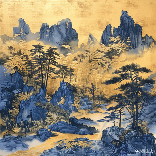 大美国风丨AI绘制克莱因蓝鎏金山水画克莱因蓝的魅力，EQMJ带你遨游国风山水