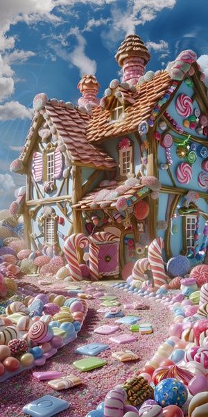 A picturesque candy house, the candy overwhelms theexterior walls, the pavement of the house isoverflowing with tempting candy in the style of anzel and gretel, the colors are light pastel, film still, blue andgreen colors and pastel chromed mauve