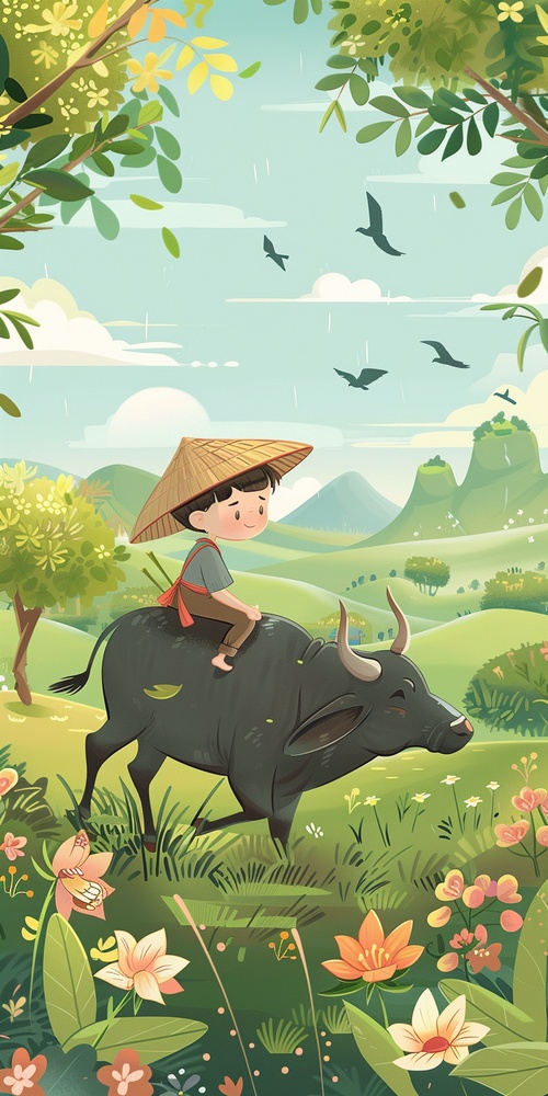 Flat illustration,Rainy day, a small Asian boy witha straw hat, sitting on the back of a buffalo, in a widefield with green grass, colorful flowers, willow trees,swallows flying through the air, vague green hills in thedistance, villages, the overall color is fresh and light,cartoon style, Chinese style, happy and relaxedatmosphere