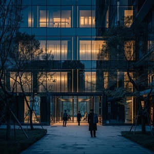 In the subtle twilight light, a modern building stands elegantly on a quiet street. It is a meticulously constructed work of art made of glass and concrete, with sophistication and modernity revealed in every corner. Thebranches of the trees sway gently, casting soft shadows on the glass surface of the building. People walk into the building and are drawn to the warm, bright lights inside. It is a place that blends natural and artificial beauty, full of harmony and calm.