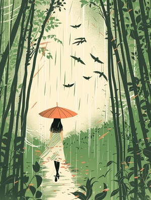 悬溺在你给的春日里prompt：Spring rainy scene with a girl walking on a forest meadow surrounded by linear green woods, under a big umbrella，swallows flying in the sky, wicker fluttering in front of the picture, the illustration is drawn with colorful lines in a flat style, with green as the main tone, The composition perspective is a top view, Van Gogh's painting style, looking down from the sky, 64K ar 3:4 niji 6 q 1 s 750#这个模板有点东西 #想记录下此刻 #欢迎来到我的视界 #我和AI有画说 #midjourney关键词 #Ai绘图 #风景插画 #万般滋味皆是生活 #aigc #AIGC #AIGC插