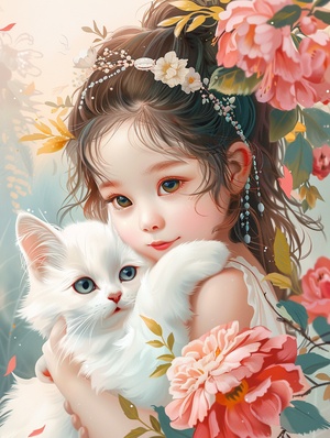 森系女孩和猫咒语：A cute alittle girl, asian, five years old, with a round face, pure face, pearl headband, front view, holding a white kitten, flowers, surrealistic style, bright colors, illustrations, high-quality, 8k ar 3:4 niji 6#壁纸 #AIGC插画 #midjourney #可爱女孩 #治愈系插画 #森系少女 #猫咪日常 #春天的味道 #我的萌宠 #头像插画