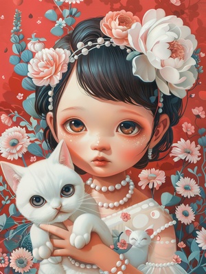 森系女孩和猫咒语：A cute alittle girl, asian, five years old, with a round face, pure face, pearl headband, front view, holding a white kitten, flowers, surrealistic style, bright colors, illustrations, high-quality, 8k ar 3:4 niji 6#壁纸 #AIGC插画 #midjourney #可爱女孩 #治愈系插画 #森系少女 #猫咪日常 #春天的味道 #我的萌宠 #头像插画