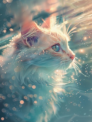 an image with sparkles on the sea,a beautiful cat in it, in the style of whimsical and dreamlike,light gold and pink, hyper-realistic water, stimwave,fairycore, blurry details, blink-and-you-miss-it detail