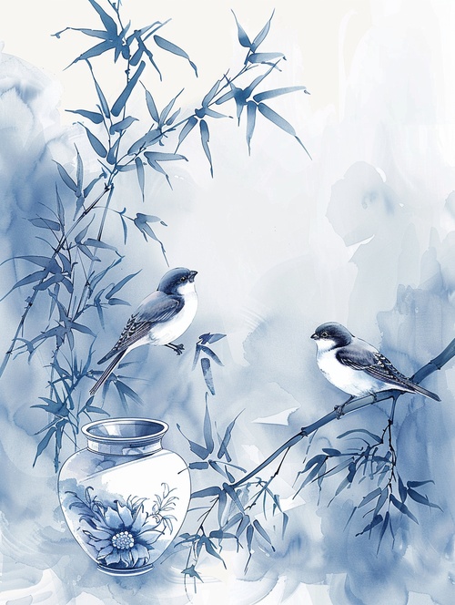 青岚花又开(符咒语)#浪漫生活的记录者咒语：blue and white porcelain style, qingming festival theme, swallows, willow branches. vertical composition, ink painting effect, elegant color scheme, rich details, traditional charm, graceful and elegant, serene and lyrical, expressing the poetic sentiment.青花瓷风格，清明节主题，燕子、柳枝。立意构图，水墨效果，配色典雅，细节丰富，传统韵味，婉约典雅，宁静抒情，抒发诗意#midjourney #AI绘画#头像设计 #AI关键词 #mj #咒语 #治愈系 #一日一画 #一起画画