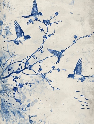 青岚花又开(符咒语)#浪漫生活的记录者咒语：blue and white porcelain style, qingming festival theme, swallows, willow branches. vertical composition, ink painting effect, elegant color scheme, rich details, traditional charm, graceful and elegant, serene and lyrical, expressing the poetic sentiment.青花瓷风格，清明节主题，燕子、柳枝。立意构图，水墨效果，配色典雅，细节丰富，传统韵味，婉约典雅，宁静抒情，抒发诗意#midjourney #AI绘画#头像设计 #AI关键词 #mj #咒语 #治愈系 #一日一画 #一起画画