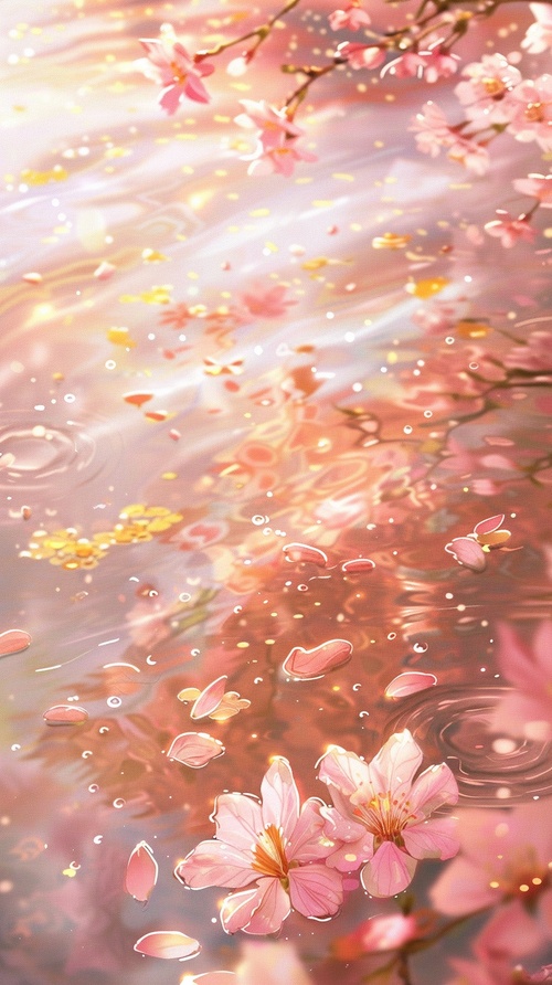 There were many petals floating on the pink and gold water. The color of the water is light pink, the overall color is light, there are many peach blossoms beside the water, with a golden flash, 32K ultra HD. The flowers are delicate. [2241593180]——ar 3:4