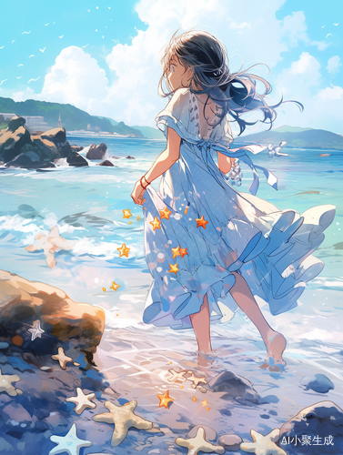 女孩在蓝蓝的海水边玩耍