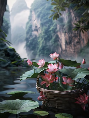 pink lotus flowers in a basket, in the style of surreal 3d landscapes, chinese iconography, photo-realistic landscapes, zbrush, mahiro maeda, nature-based patterns, joyful celebration of nature