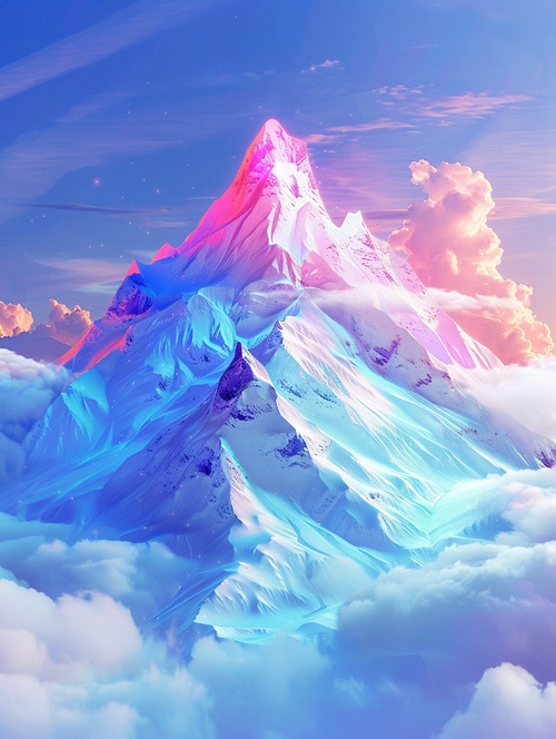 超现实艺术科技感风景关键词：Surrealism, rainbow rgb mountain, blue sky, White clouds, glass colors, bright background, 3D art, C4D, OC rendering, from behance, studio lighting, HD 8K翻译：超现实主义，彩虹rgb的高山，蓝天，白云，琉璃色彩，明亮的背景，3D艺术，C4D，OC渲染，来自behance，工作室照明，高清8K#ai #Ai绘画 #自然风光分享 #ai关键词 #海报设计 #风景 #高山 #山 #科技风 #艺术 #超现实 #设计 #海报