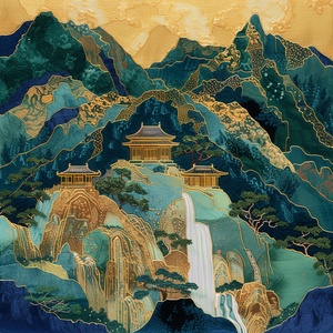 千里江山咒语：Chinese embroidery craft of a golden-blue-green mountain , with pavilions and trees, gilding, flowing liquid gold, minimalist color field, freehand brushwork, blank-leaving, organic form ar 3:4 v 6金蓝色青山的中国刺绣工艺，亭台楼阁，镀金，流金，极简色场，写意留白，有机形式#壁纸 #AIGC插画 #midjourney #midjourney咒语 #山水画 #中国风元素