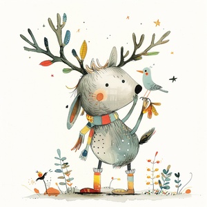 A whimsical animal character with large antlers, wearing colorful socks and holding an oversized bird in its mouth in the style of Quentin Blake. The background is white, with simple elements of nature around the creature. It has detailed fur patterns on its grey body with black spots, giving it depth. Children's book illustration style.