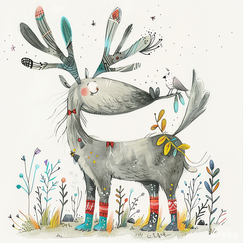 Quirky Animal Character with Antlers and Colorful Socks