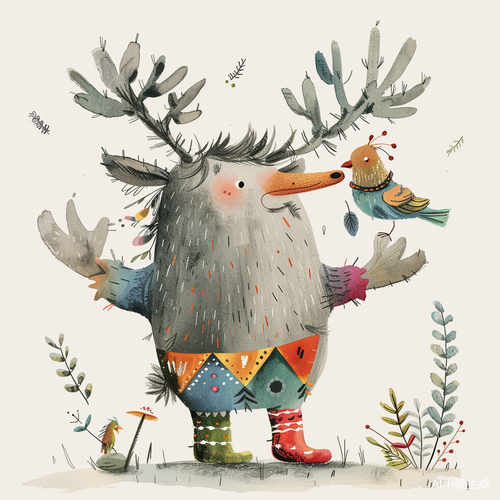 Quirky Animal Character with Antlers and Colorful Socks