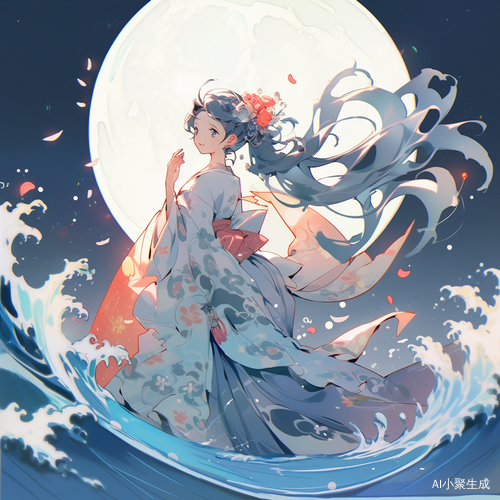 月亮、海浪与动漫女生穿长裙