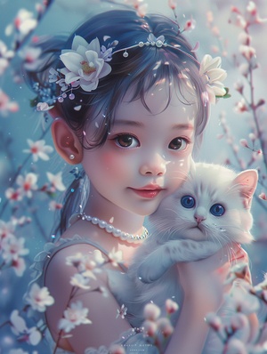 森系女孩和猫咒语：A cute alittle girl, asian, five years old, with a round face, pure face, pearl headband, front view, holding a white kitten, flowers, surrealistic style, bright colors, illustrations, high-quality, 8k ar 3:4 niji 6#壁纸 #AIGC插画 #midjourney #可爱女孩 #治愈系插画 #森系少女 #猫咪日常 #春天的味道 #我的萌宠 #头像插画