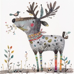 A whimsical animal character with large antlers, wearing colorful socks and holding anoversized bird in its mouth in the style of Quentin Blake. The background is white, with simple elements of nature around the creature. It has detailed fur patterns on its grey body with black spots, giving it depth. Children's book illustration style.