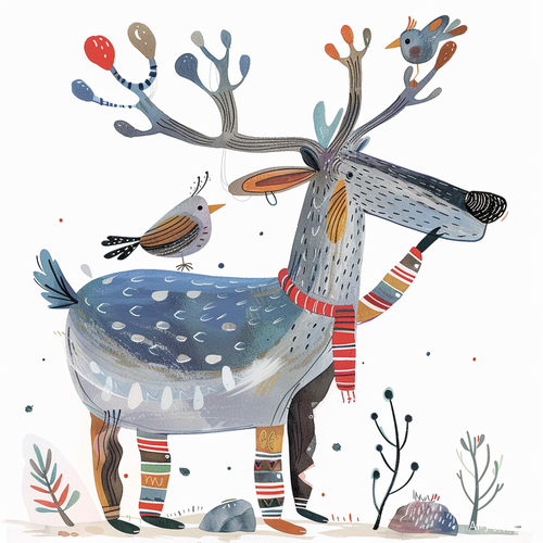 Whimsical Antlered Creature with Colorful Socks and Oversized Bird