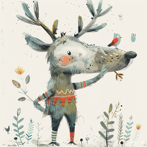 Whimsical Antlered Creature with Colorful Socks and Oversized Bird