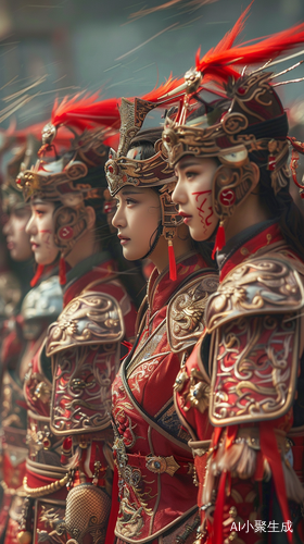 红色盔甲美丽女子的古风全身视角照片