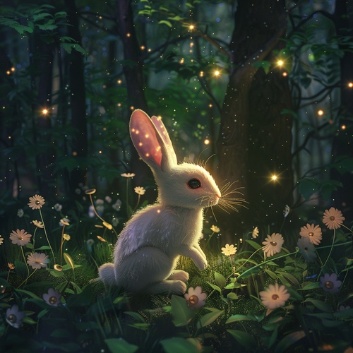 Best quality, high resolution, perfect lighting, (and fine success: 1.2) 32K. In the magical forest, on a dark night, Little White Rabbit returned home to thank the little fairy (Little Fairy 1.8), (Little White Rabbit 1.5), (Little White Rabbit 1.5). In the forest, there are starry skies, galaxies, flowers, grass, forest, blooming flowers, small mushroom micro-landscapes, simple, clean light background, fantasy, magic, light tracking, natural light, C4D, OC rendering, (masterpiece 1.2) film speci