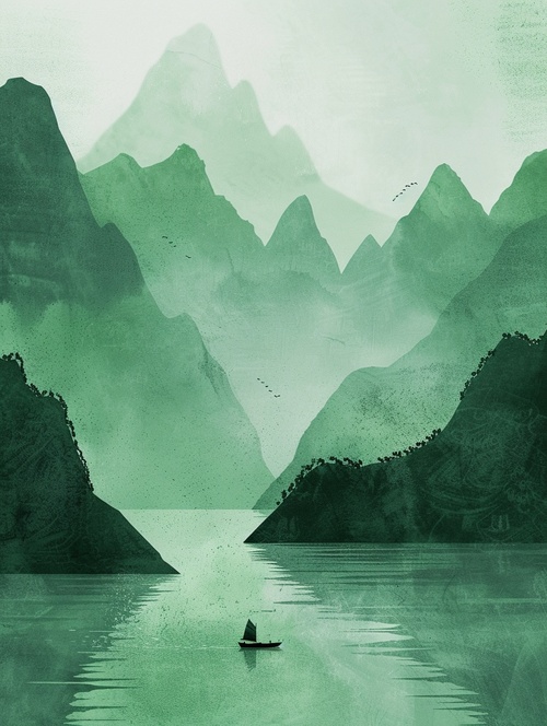 轻舟已过万重山，长路漫漫亦灿烂。咒语：Green mountains and rivers, small boat, ink, painting, annual rings, splashed, Chinese, Pointillism modernist Illustration, minimal,minimalism, quality, ar 3:4 #mj关键词 #Ai绘画 #AICG插画 #midjourney学习 #水墨画风格 #新中式国风 #场景插画