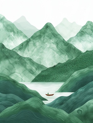 轻舟已过万重山，长路漫漫亦灿烂。咒语：Green mountains and rivers, small boat, ink, painting, annual rings, splashed, Chinese, Pointillism modernist Illustration, minimal,minimalism, quality, ar 3:4 #mj关键词 #Ai绘画 #AICG插画 #midjourney学习 #水墨画风格 #新中式国风 #场景插画