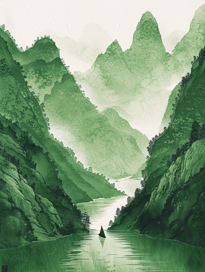 轻舟已过万重山，长路漫漫亦灿烂。咒语：Green mountains and rivers, small boat, ink, painting, annual rings, splashed, Chinese, Pointillism modernist Illustration, minimal,minimalism, quality, ar 3:4 #mj关键词 #Ai绘画 #AICG插画 #midjourney学习 #水墨画风格 #新中式国风 #场景插画