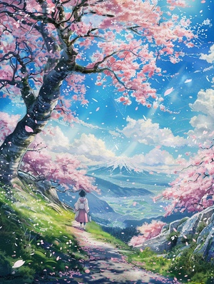 Miyazaki Hayao animation style, ten miles of cherry blossoms in full bloom, fantasy, sparkling