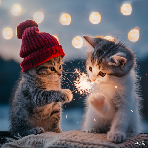 Cute Kittens Playing Fireworks by the Blue Sea