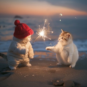 two Little cute cattens are playing fireworks on beach,one is British shorthair silver shaded and the other is British shorthair golden shaded,the British shorthair golden shaded wears read sweater and red cap,the British shorthair silver shaded wears white down coat and woolen hat,extreme long shot,side view,romantic and intimate atmosphere,stylish costume design,charming characters,at night,blue sea,moon,festival mood,celebrating for the new yearar1:1v6.0-Upscaled(Subtle)by