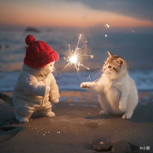 Cute Cattens Playing Fireworks on Beach