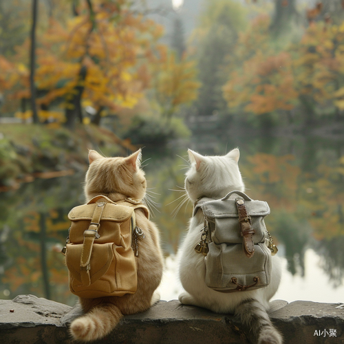 Plush Doll Art: Golden Male American Shorthair and Female British Shorthair Kitten by the Lake