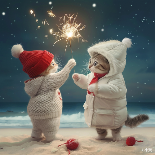 Cute British Shorthair Kittens Celebrating New Year on Beach