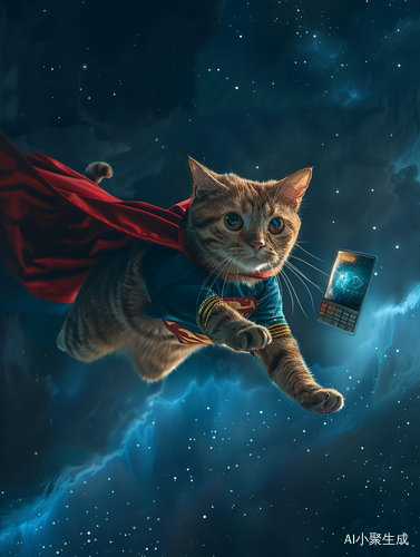 Cat Superhero Flying with TV Remote and Laptop in Night Sky