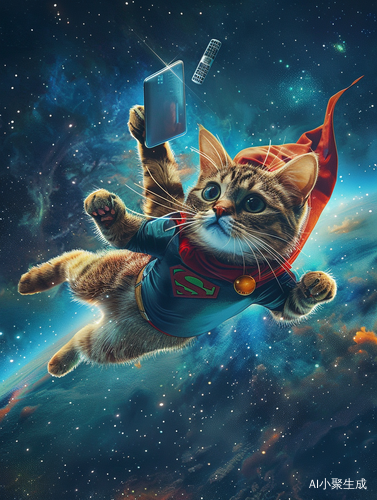 Cat Superhero Flying with TV Remote and Laptop in Night Sky
