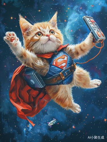 Cat Superhero Flying with TV Remote and Laptop in Night Sky