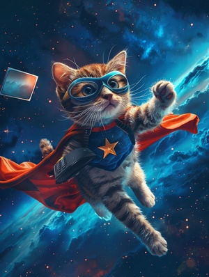 A cat dressed in a superhero costume is flying through the night starry sky, holding a TV remote control and a laptop in his paw. Dark blue starry background. photo. 4k. realistick. ar 2:3 stylize 50 v 6.0#画画的日常 #人工智能艺术 #我和AI有话说 #生成艺术 #AI生成 #猫科动物 #可爱的猫 #灵感 #我的宠物真可爱 #每日艺术分享 #midjourney咒语 #Midjourney咒语 #midjourney #midjourney学习 #midjourney关键词 #mj #mj关键词 #mj咒语 #ai #ai绘画 #ai关键词 #ai作画 #Ai #AIGC #插画 #关键词 #咒语 #小红书 #小红署 #艺术署