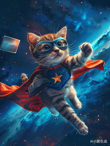 Cat Superhero Flying with TV Remote and Laptop in Night Sky