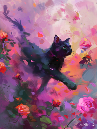 A Cute Black Cat Running Through Roses with Pink and Purple Pastel Colors